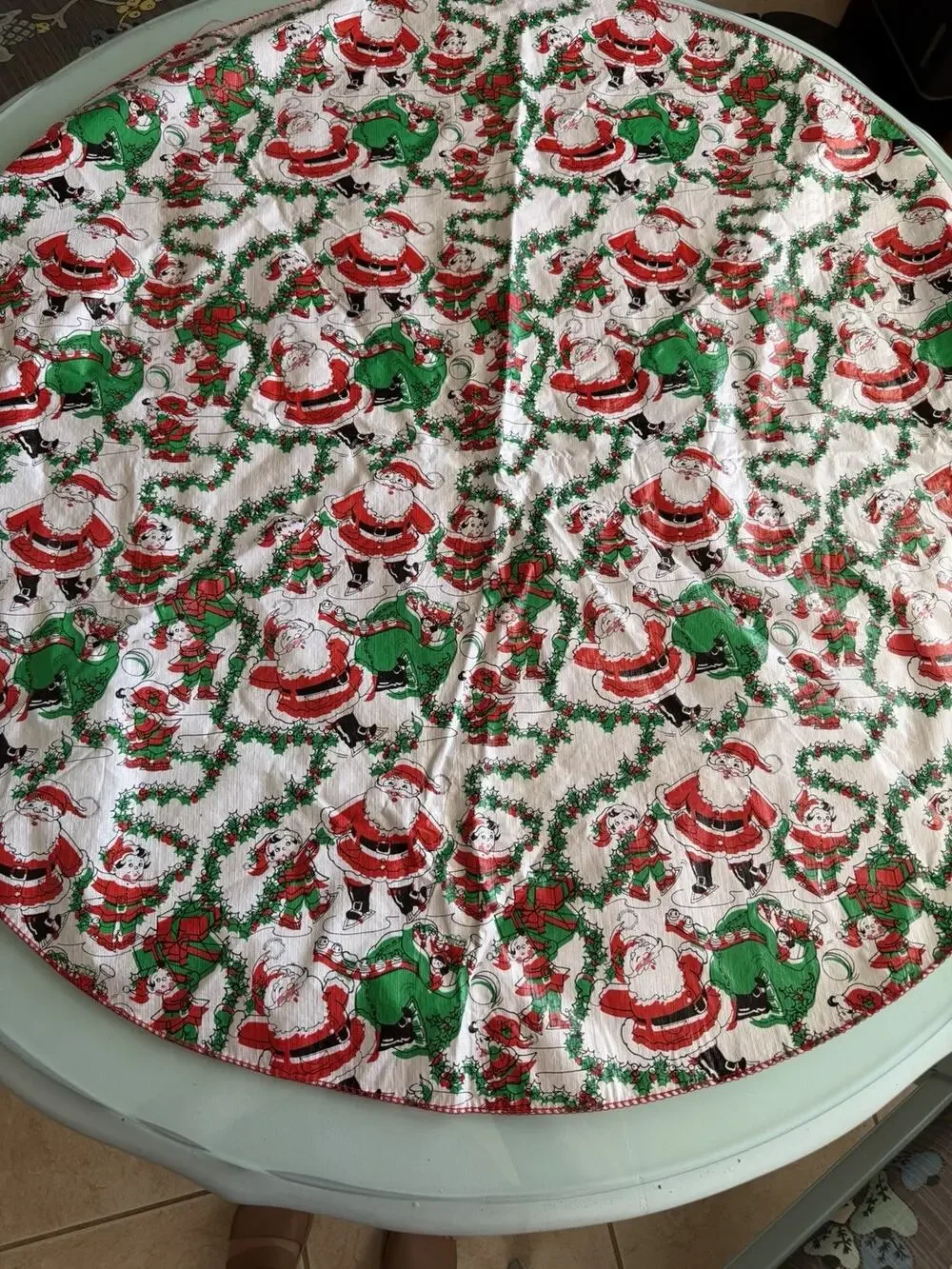 Vintage 37” Christmas Tree Skirt/Sm Tablecloth Santa Pattern Plastic Flannel